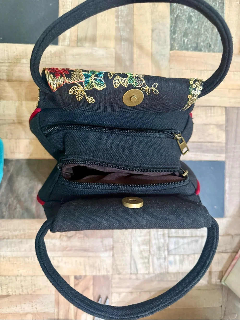 Ethnic Embroidered Peacock Handbag Canvas Sequin Top Handle Bag Black Red - Picture 2 of 4